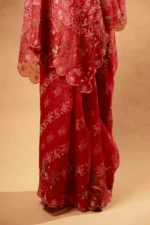 Dark Pink Silk Organza Chikankari Saree with Scallops - Image 7