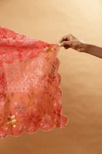 Dark Pink Silk Organza Chikankari Saree with Scallops - Image 8
