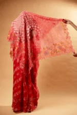 Dark Pink Silk Organza Chikankari Saree with Scallops - Image 4