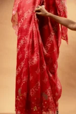 Dark Pink Silk Organza Chikankari Saree with Scallops - Image 6