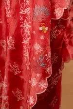 Dark Pink Silk Organza Chikankari Saree with Scallops - Image 3