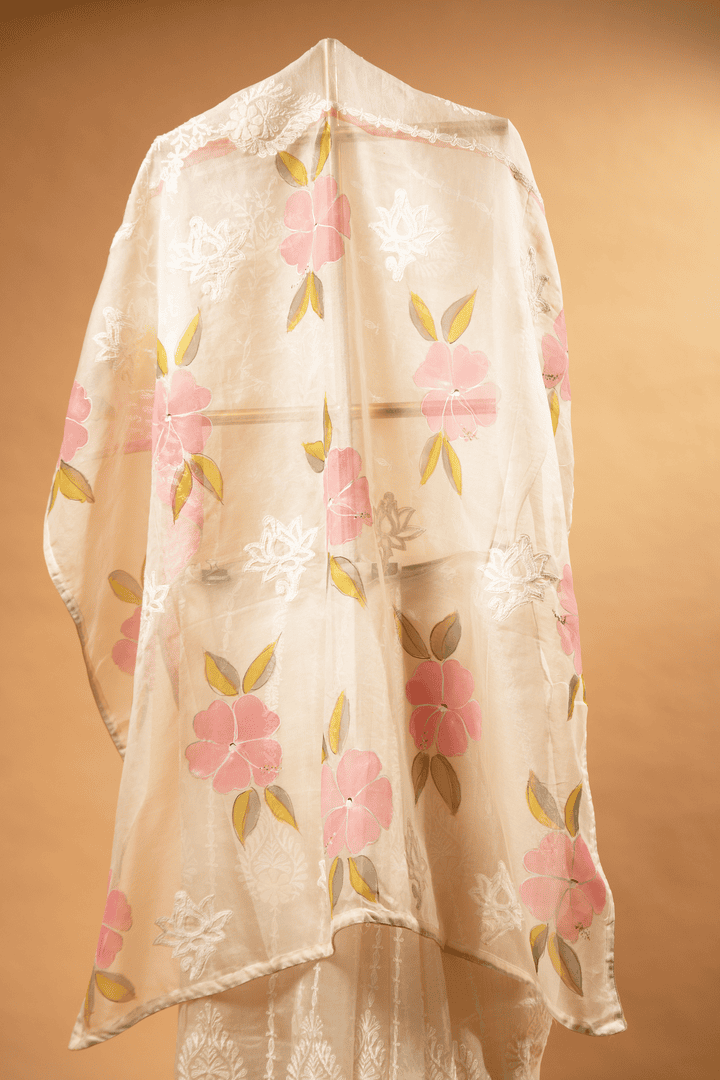 DSC05860 Triple Shaded Silk Organza Hand Painted Saree with Applique - Image 1