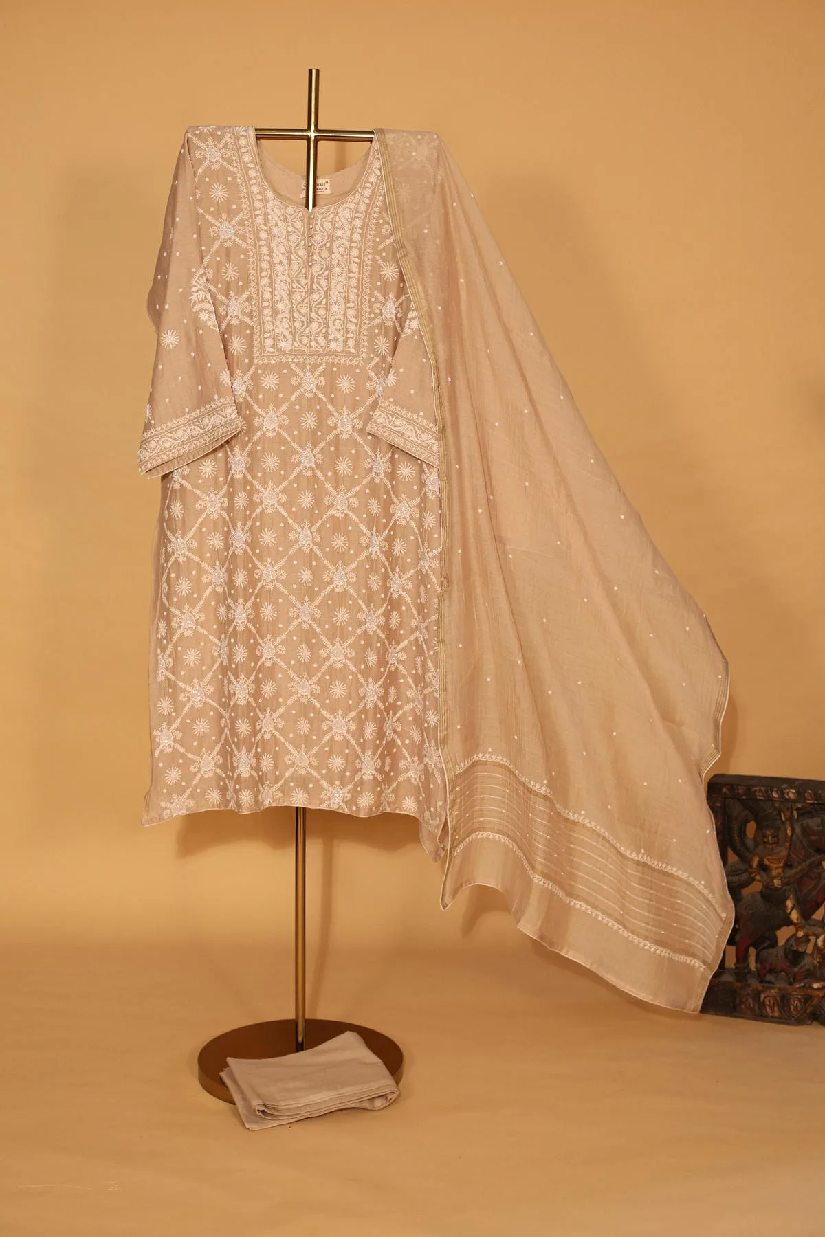 IMG_3886 Beige Silk Organza Semi-Stitched Suit Set with Heavy Sequins - Image 1