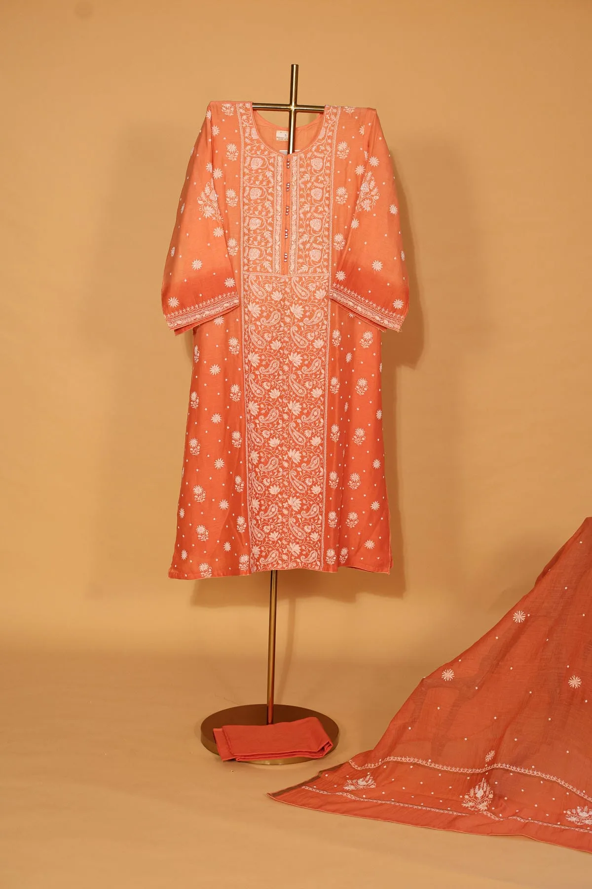 IMG_3893 Carrot Pink Chanderi Silk Semi-Stitched Suit Set – 3 Pc - Image 1