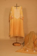 Bright Yellow Chanderi Silk Semi-Stitched Suit Set – 3 Pc