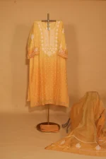 Bright Yellow Chanderi Silk Semi-Stitched Suit Set – 3 Pc - Image 2