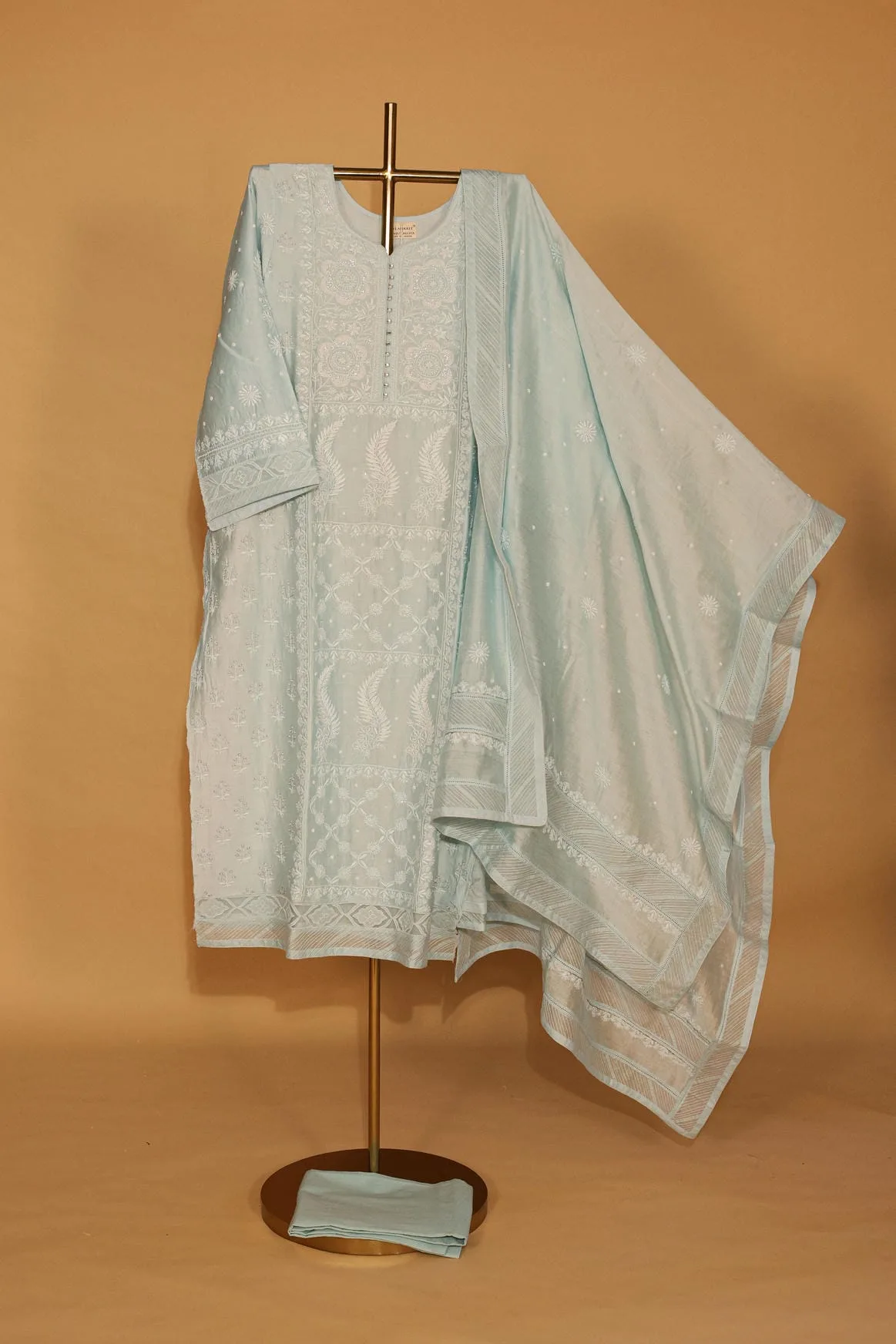 IMG_3945 Turquoise Chanderi Silk Sequined Suit Set – Semi-Stitched 3 Pc - Image 1