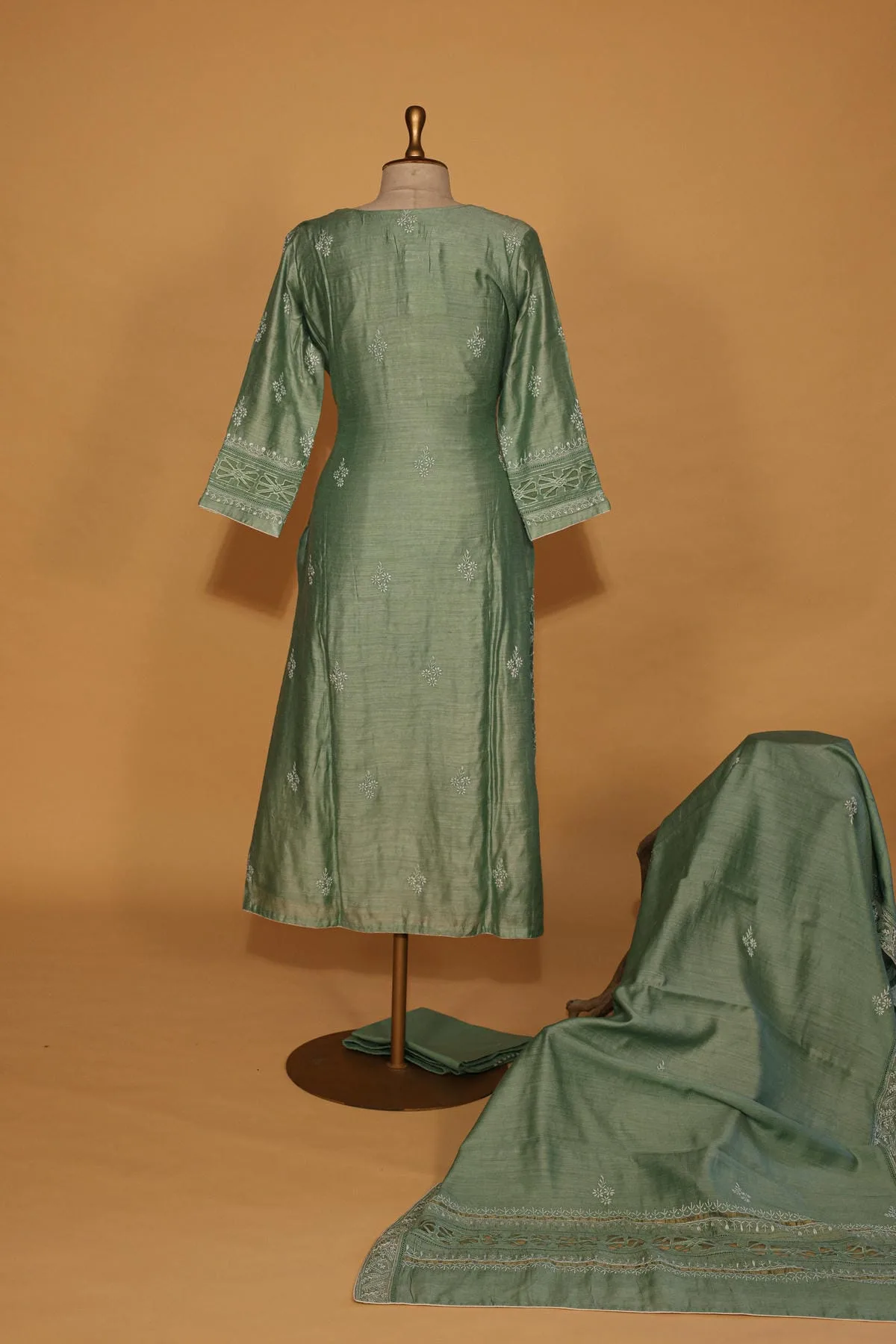 IMG_4041 Mint Green Tussar Silk Suit Set – 3 Pc Stitched with Elegant Work - Image 1