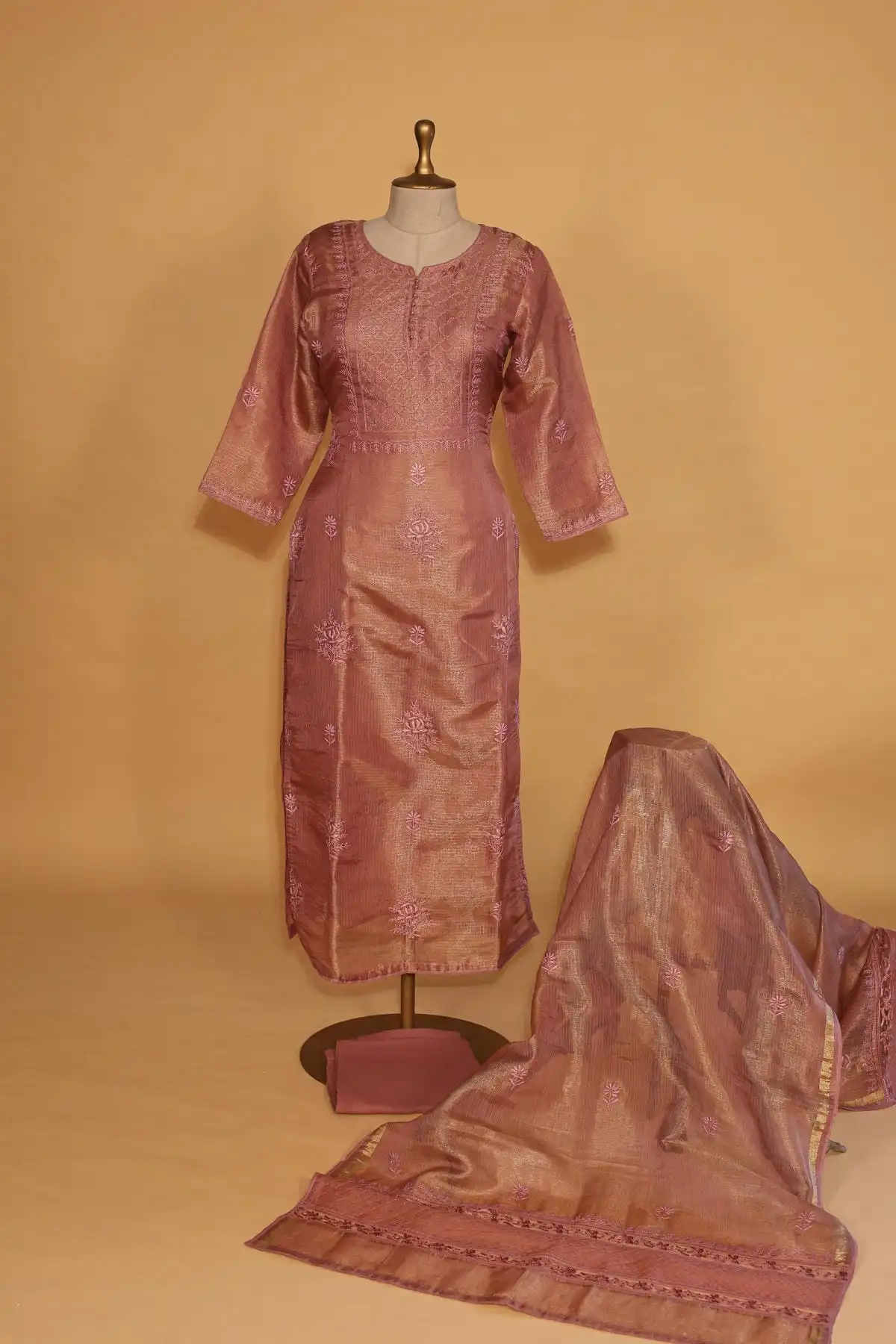 IMG_4070 Onion Pink Tissue Suit Set – 3 Pc Stitched for Festive Occasions - Image 1
