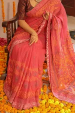 Alankrit Pink Saree withyellow and white embroidery