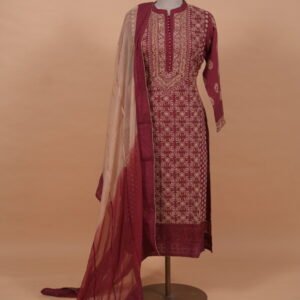 Red colored coimbatore cotton with Ghaspatti and phanda embroidery