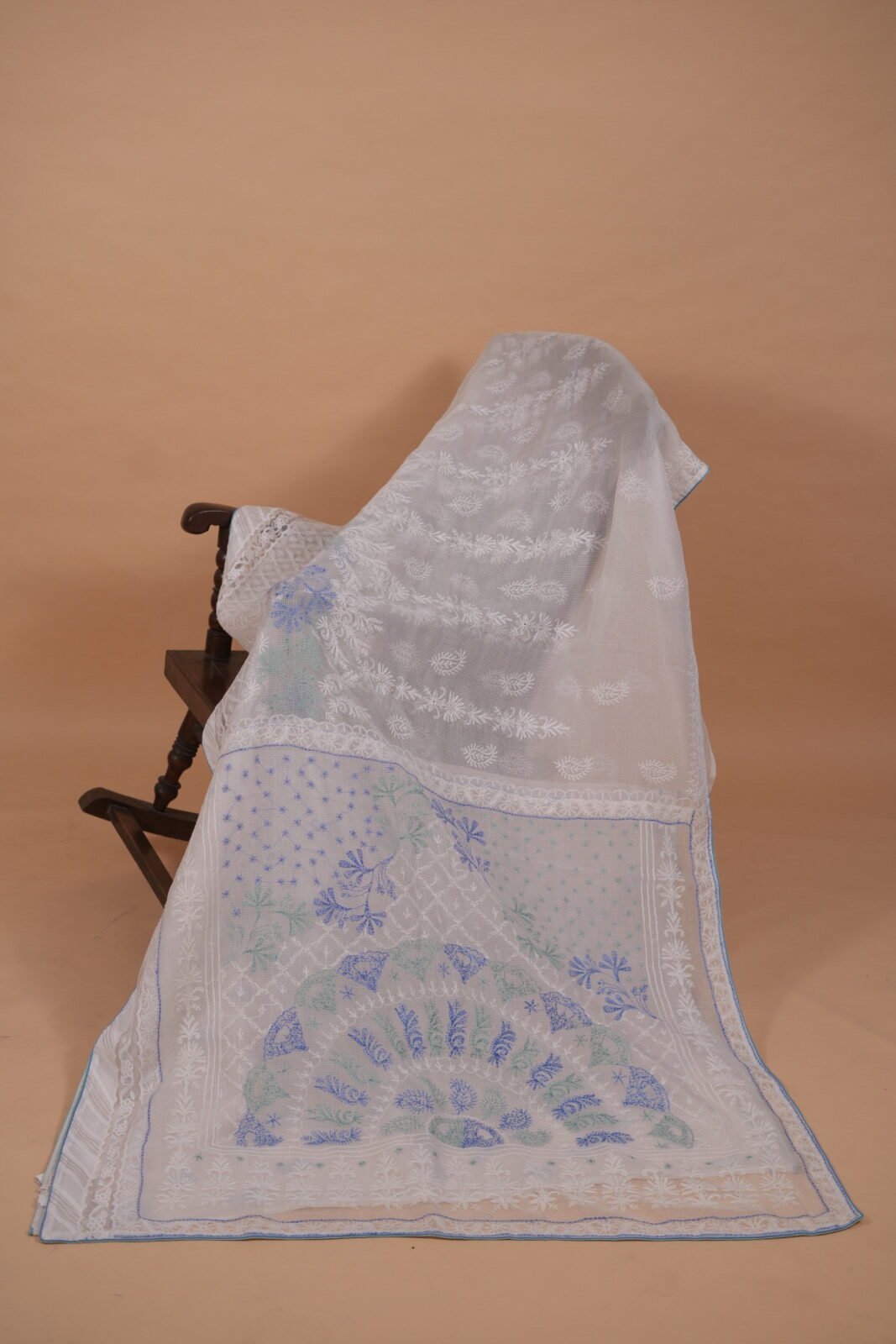 DSC03416 White check organza saree with multicolor embroidery - Image 1