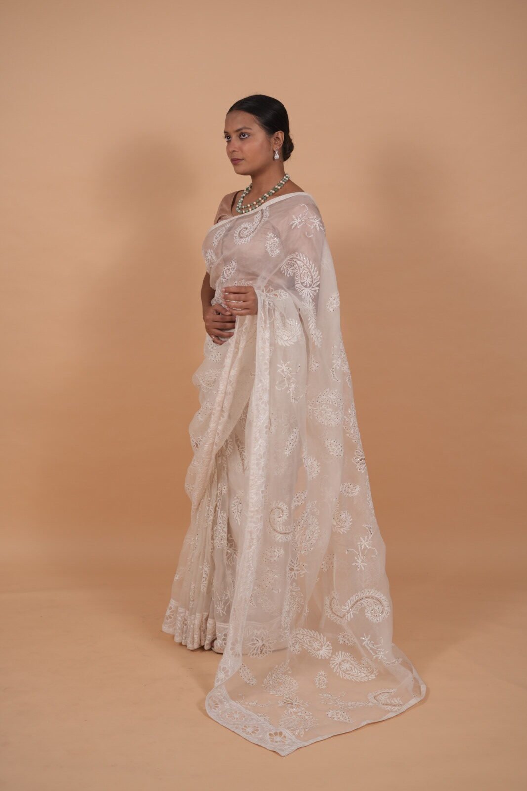 DSC03529 White Organza saree with cutwork and tapechi - Image 1