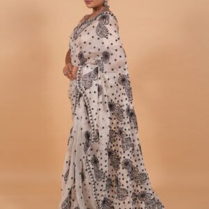 White silk organza saree with black cutwork
