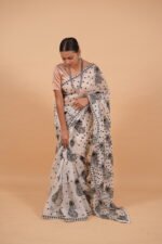 White silk organza saree with black cutwork - Image 2