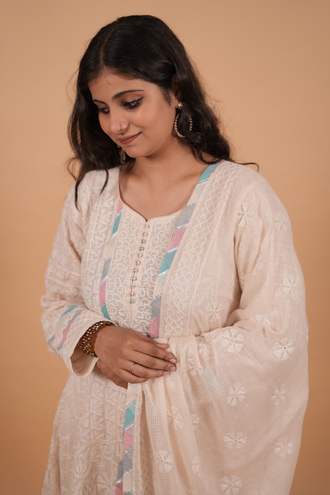DSC03855 Cream Kota Anarkali in handmade Chikankari with multi color piping - Image 1