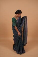 Ink Blue Silk Organza Saree with light blue tapechi embroidery - Image 4