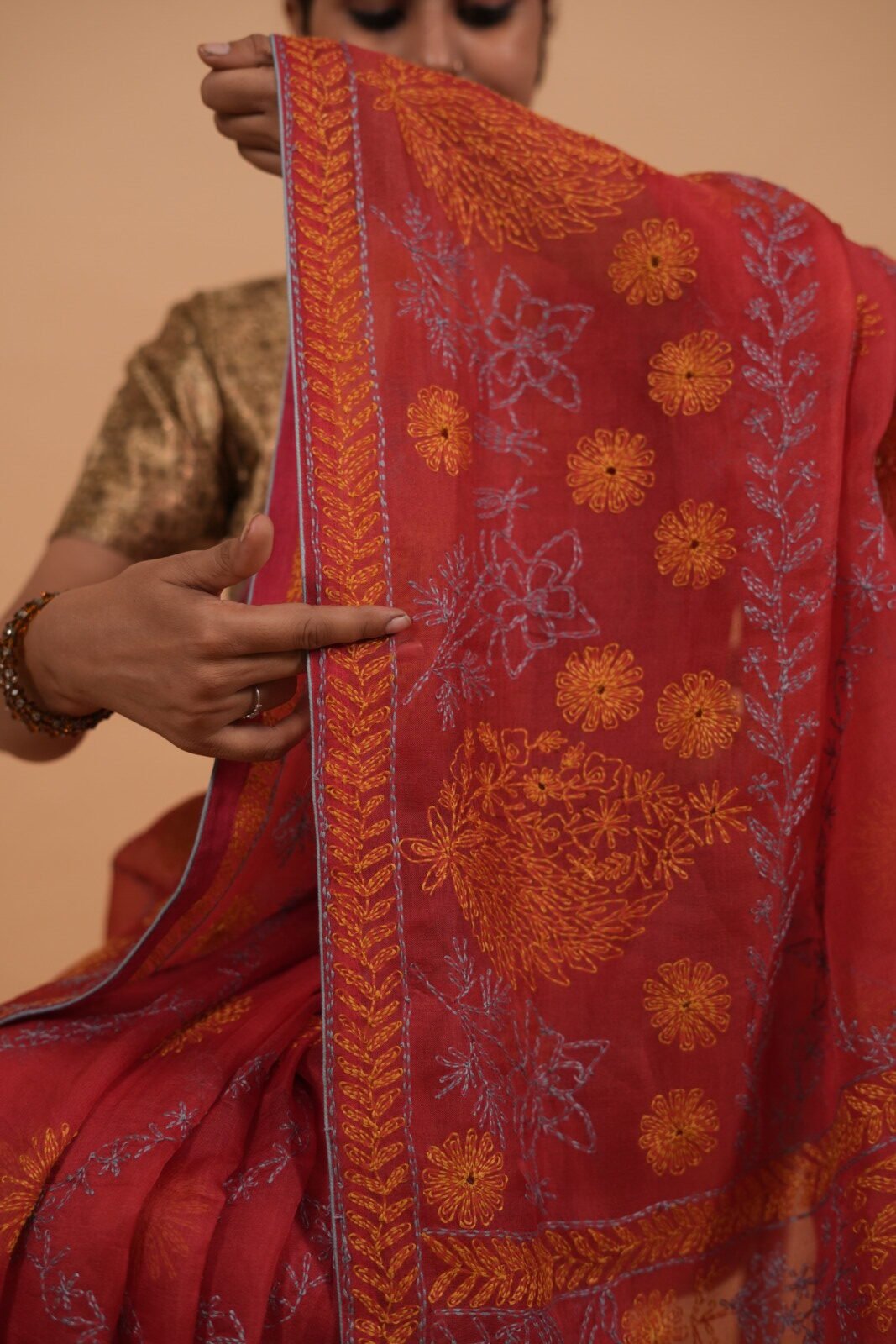 DSC04118 Brick color silk organza saree with multicolored embroidery - Image 1