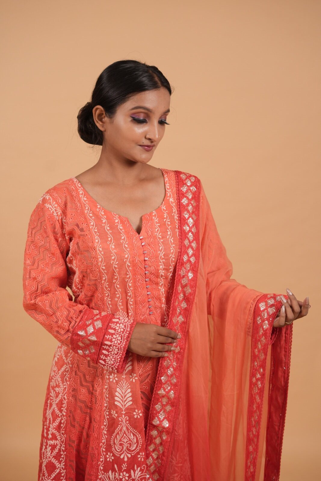 DSC04318 Red Hombre shaded Anarkali with ghaspatti work - Image 1