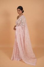 Pink colored check organza saree with tapechi embroidery - Image 4