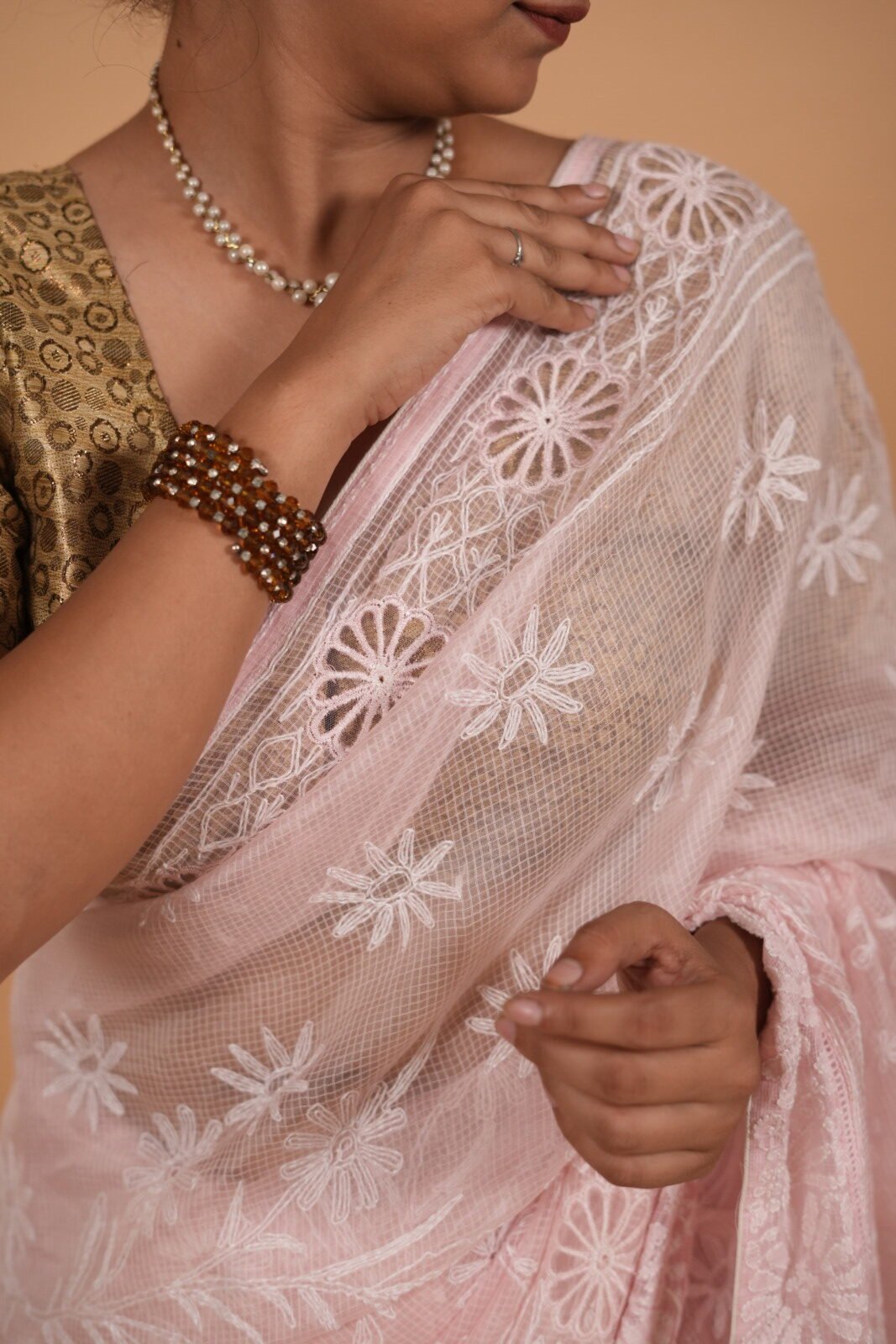 DSC04479 Pink colored check organza saree with tapechi embroidery - Image 1