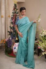 Turqouise silk organza saree with light tapechi embroidery - Image 3