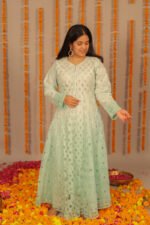 Light Blue cutwork Anarkali in cotton Voil - Image 3