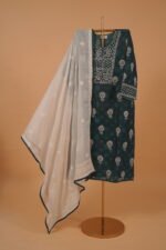 Peacock blue semi-stitched embroidered salwar suit set 4pcs - Image 3