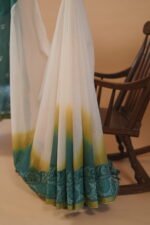 White embroidered saree with blue shade pallu - Image 4