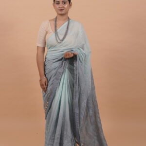 Grey kota chikankari saree with Mukaish work on border