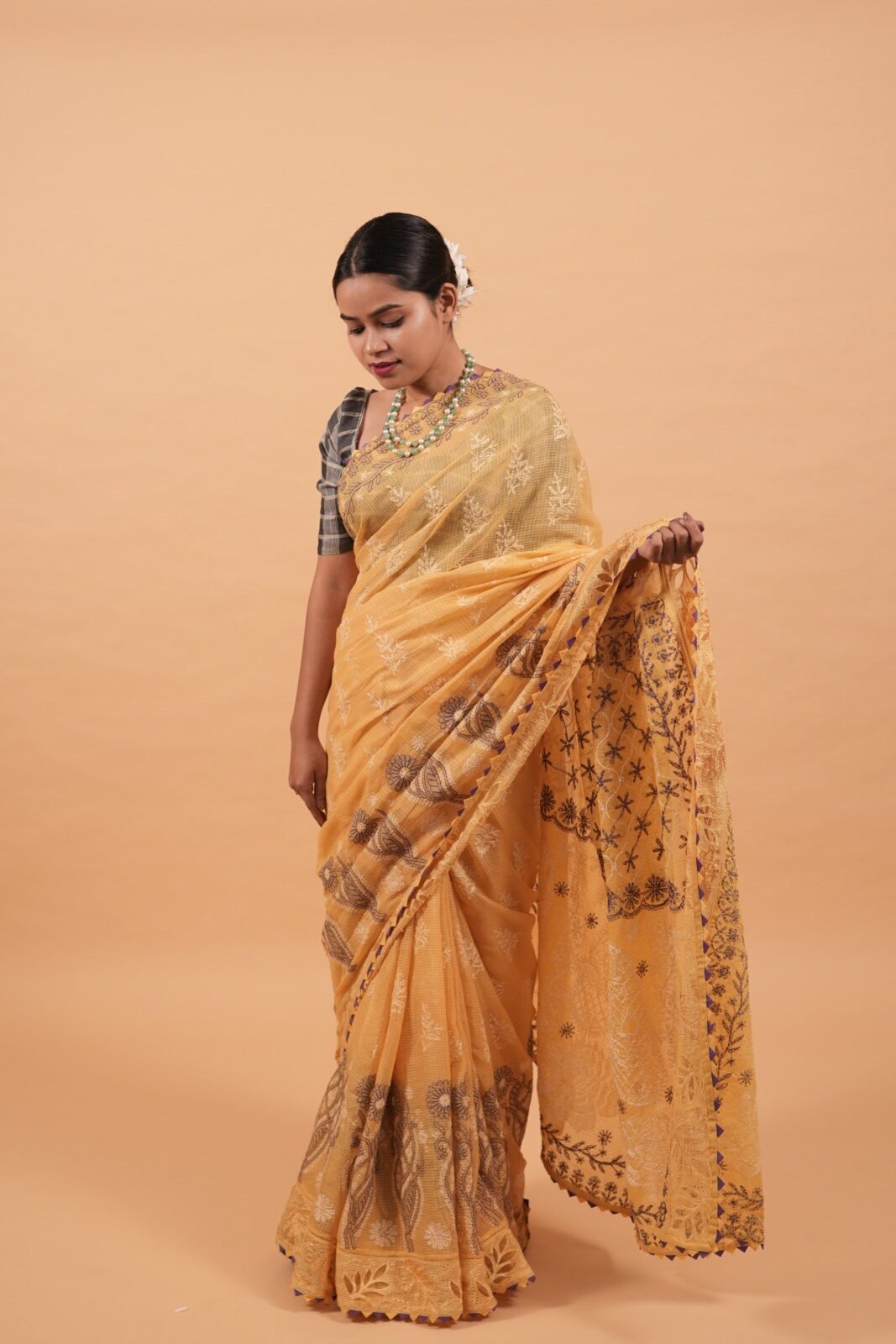 DSC07751 Yellow kota saree with cut work border and java highlighting in contrasting blue threadwork - Image 1