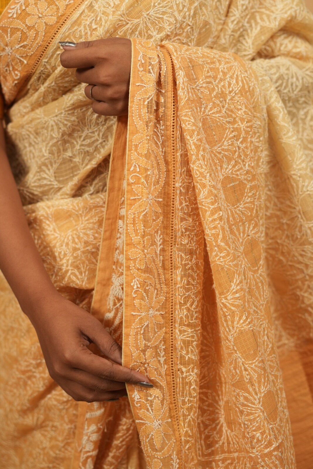 DSC07773 Yellow saree with Gota work and tapechi - Bakhiya border - Image 1