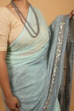 Grey kota chikankari saree with Mukaish work on border - Image 3