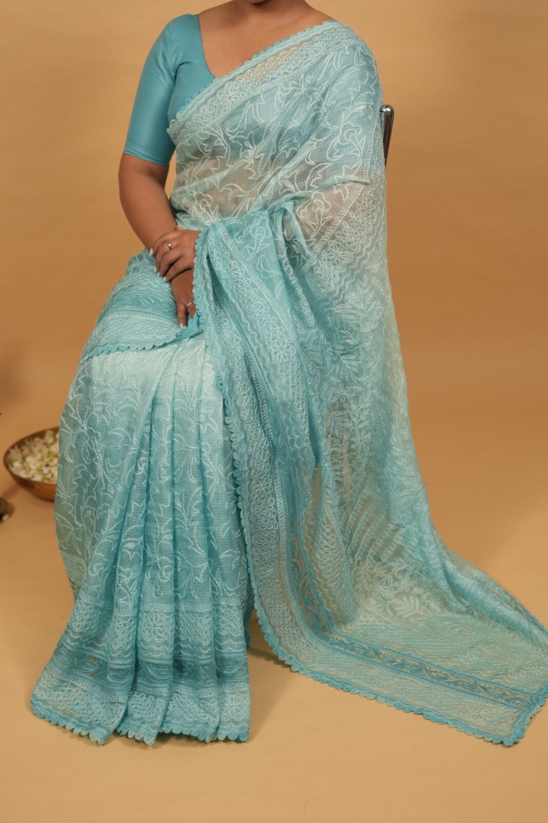 DSC07790 Sky blue Tissue Kota saree with all over handmade chikankari embroidery - Image 1
