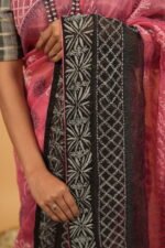 Pink cheque organza saree with black blouse and border - Image 4