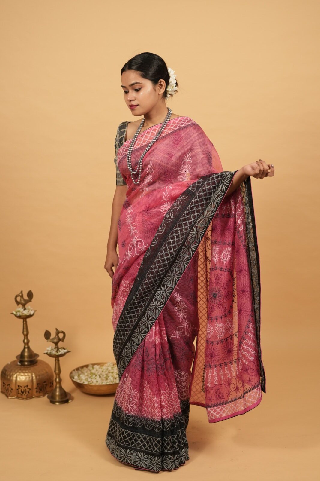 DSC07809 Pink cheque organza saree with black blouse and border - Image 1