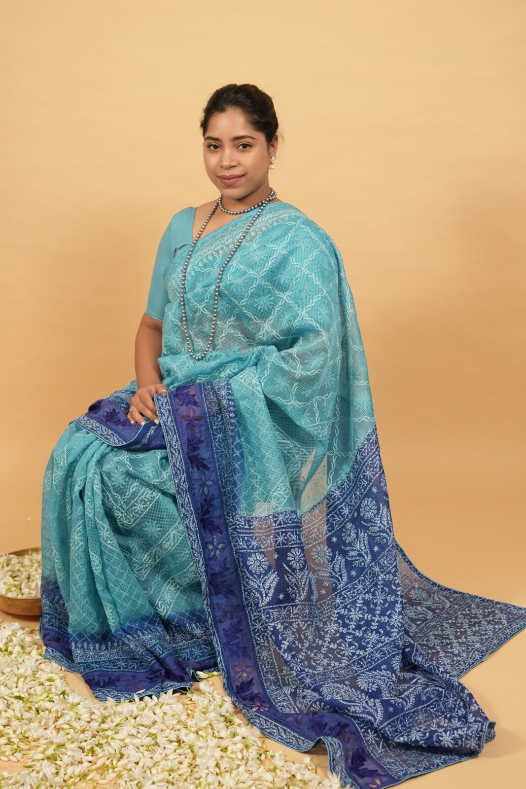 DSC07826 Hombre blue saree in cheque organza - Image 1