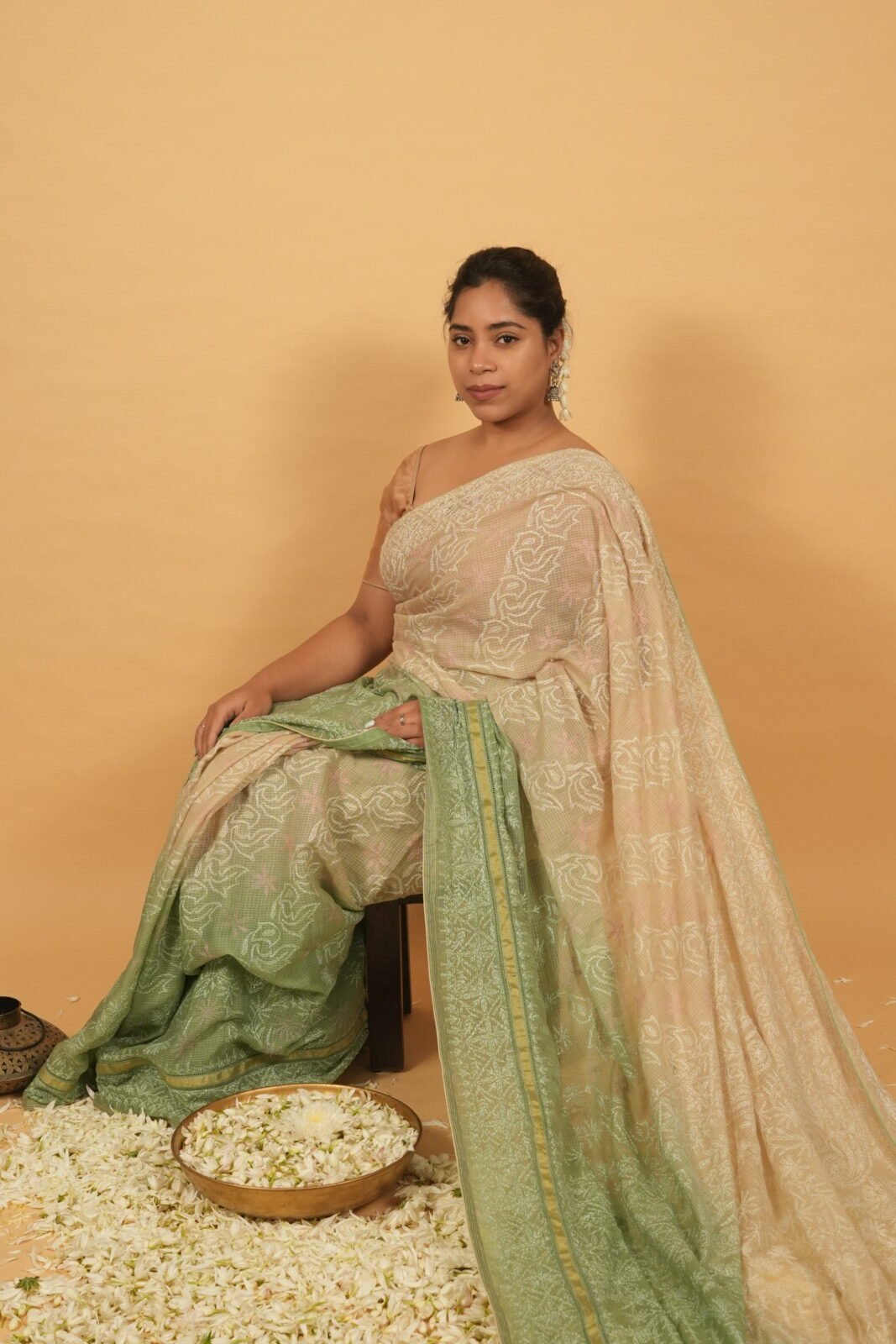 DSC07913 Lime green shaded saree with beige body in kota fabric - Image 1