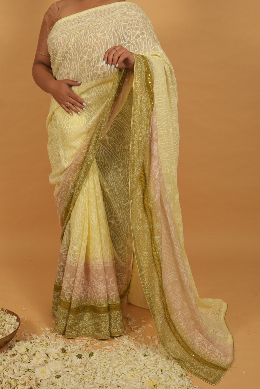 DSC07944 Shaded beige green kota saree with mukaish border - Image 1