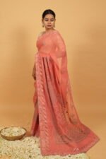 Pink kota saree with gota patti border, cutwork & pintucks highlighting