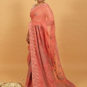 Pink kota saree with gota patti border, cutwork & pintucks highlighting