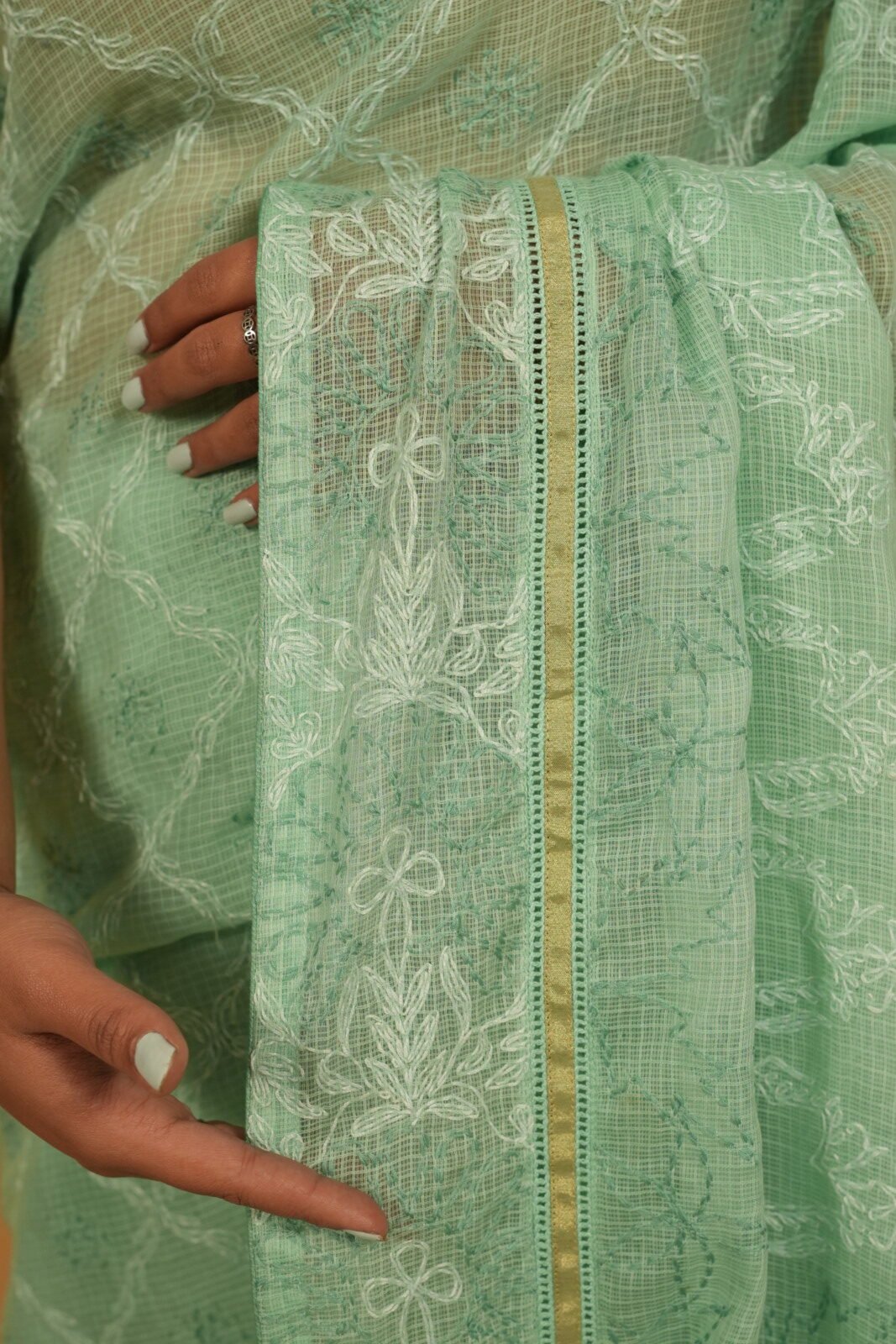 DSC07968 Kota saree in green with gota border and all over hand embroidery work - Image 1