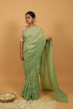 Green Kota Saree in handmade embroidery - Blouse included with lining - Image 4