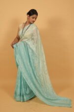 Turqoise Blue saree in tissue kota with cutwork border - Image 2