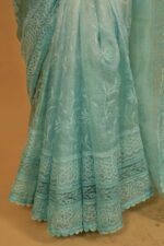 Turqoise Blue saree in tissue kota with cutwork border - Image 4