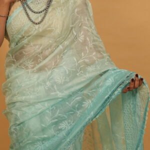 Turqoise Blue saree in tissue kota with cutwork border