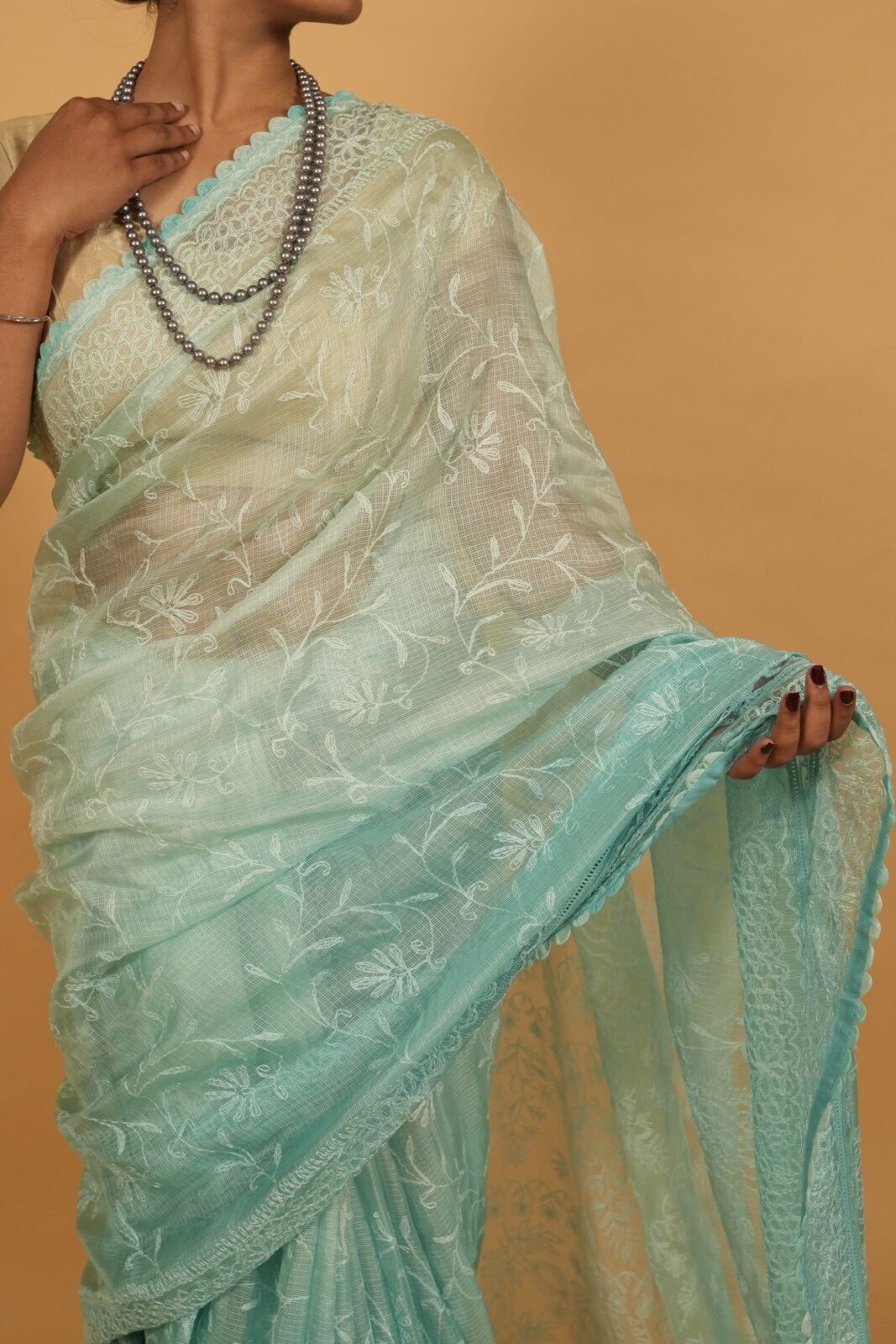 DSC08027 Turqoise Blue saree in tissue kota with cutwork border - Image 1