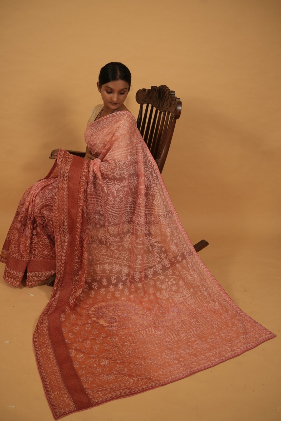 DSC08051 Rust brown cheque organza saree with pintucks border and cutwork on pallu - Image 1