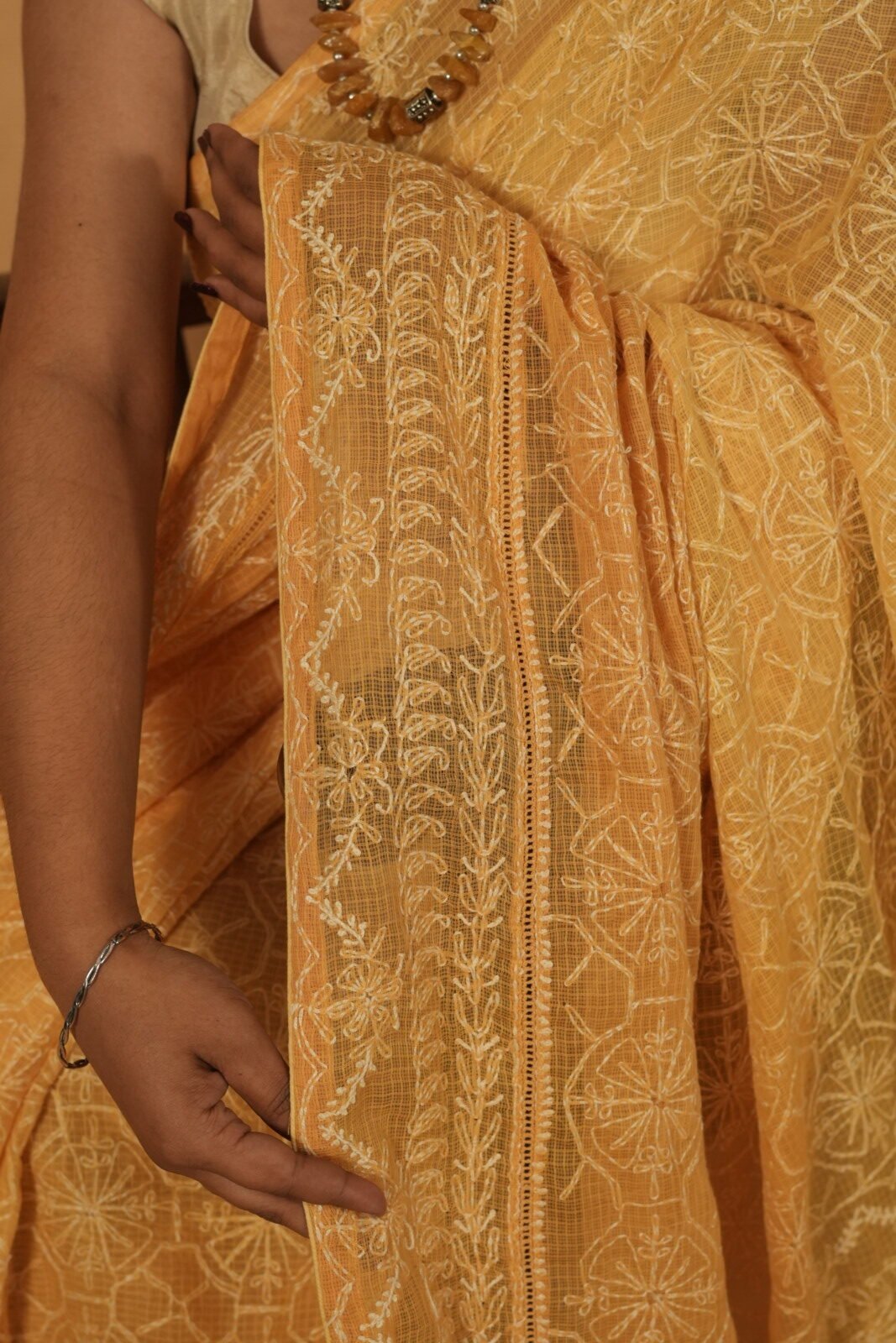 DSC08145 Light Mustard kota saree with tapechi and phanda embroidery - Blouse included with lining - Image 1