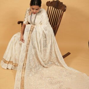 Pongal special collection in white with zardozi work on pallu and golden tissue border